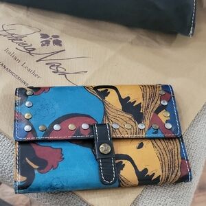 Patricia Nash Artistic Blue and Yellow Leather Wallet